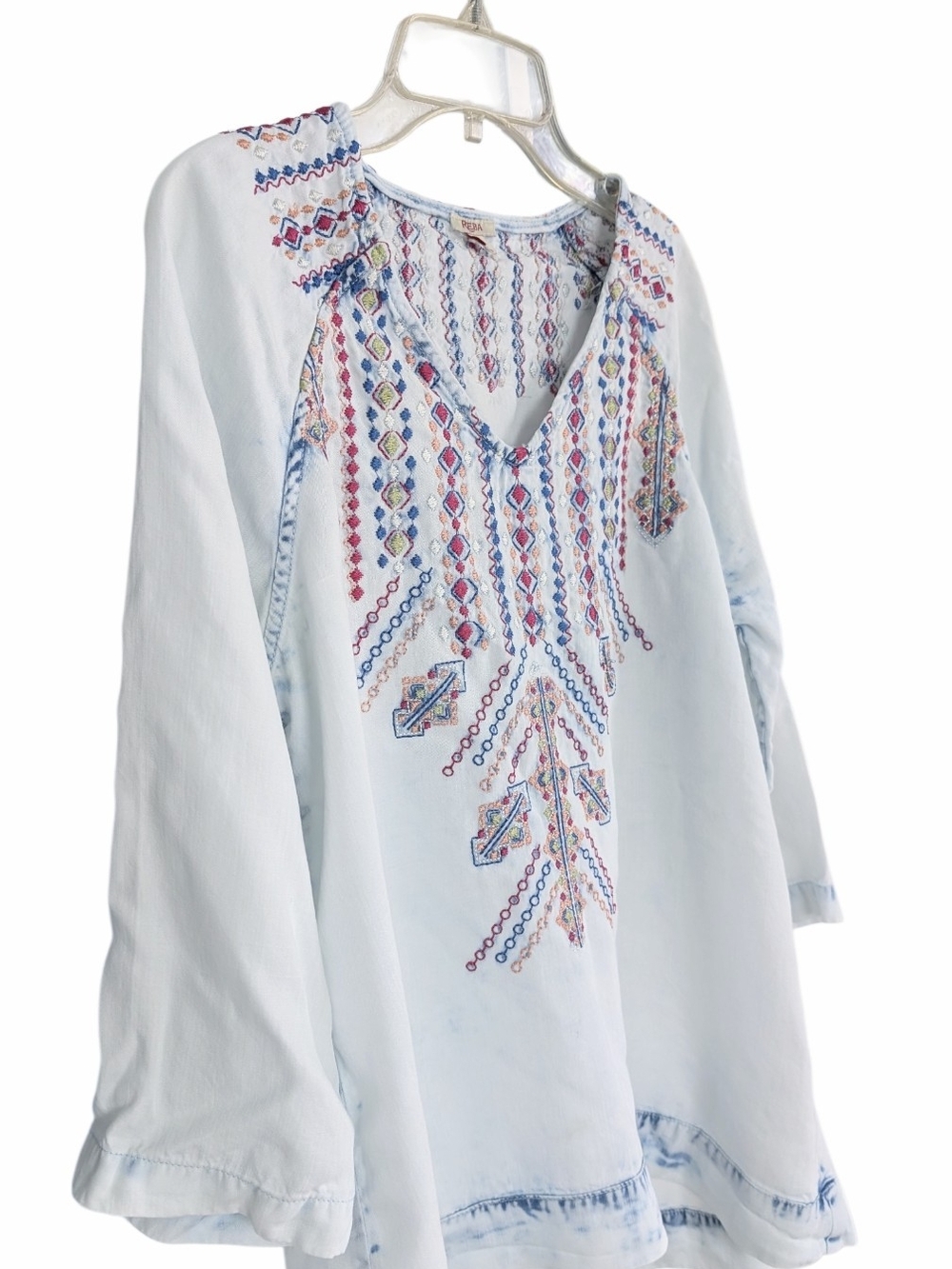 Reba Boho Embroidered Acid Wash Denim Tunic Blouse Top Size M - Picture 3 of 5